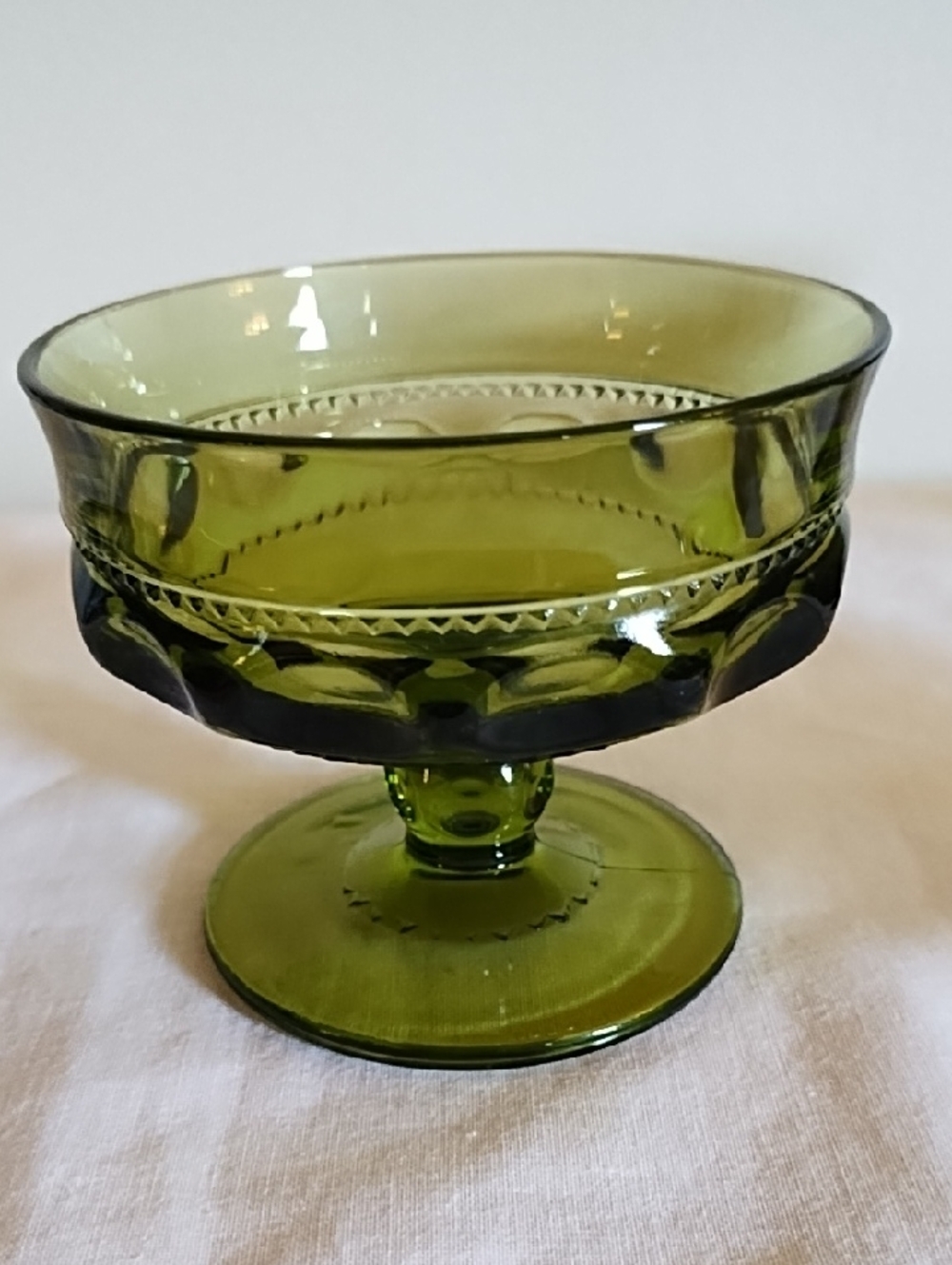 3 INDIANA GLASS KING'S CROWN AVOCADO (THUMBPRINT) COMPOTE FOOTED CANDY DISH